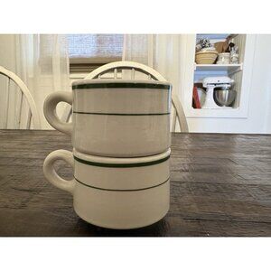 Vintage Green Striped Coffee Mug Pair Of Two Chunky Style